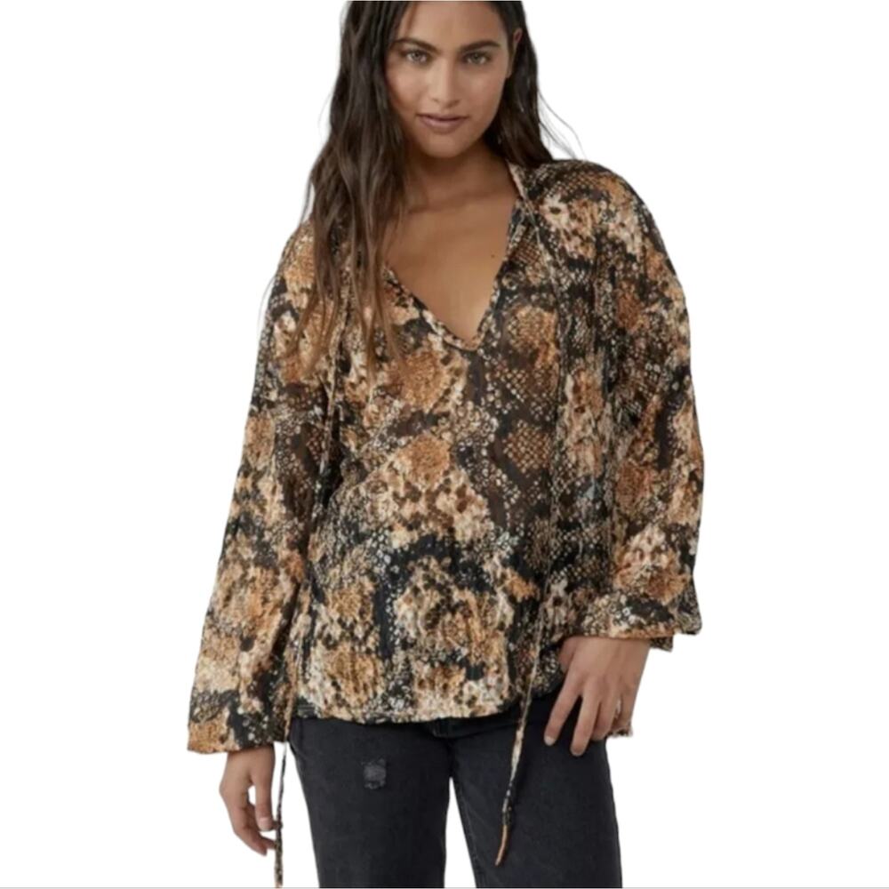 Free People Out For The Night Top / Snake Combo Tan Black blouse tops size small